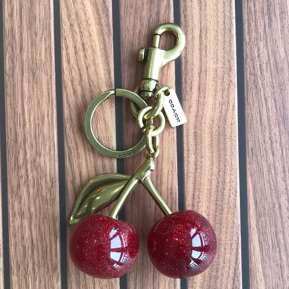 Coach Gold-Tone Cherry Key Ring with Red Glitter Cherries